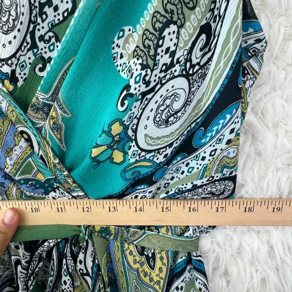 Jones New York‎ Paisley Faux Wrap Dress 14W Green Blue Boho Sleeveless Midi